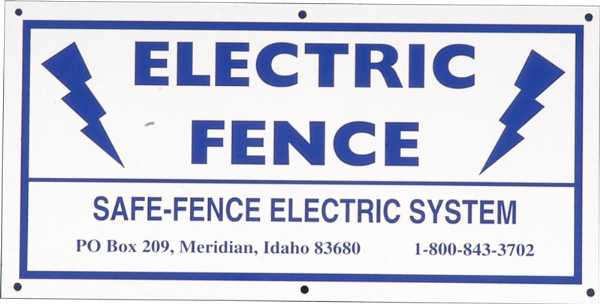 Electric fence warning sign with contact information on a white background
